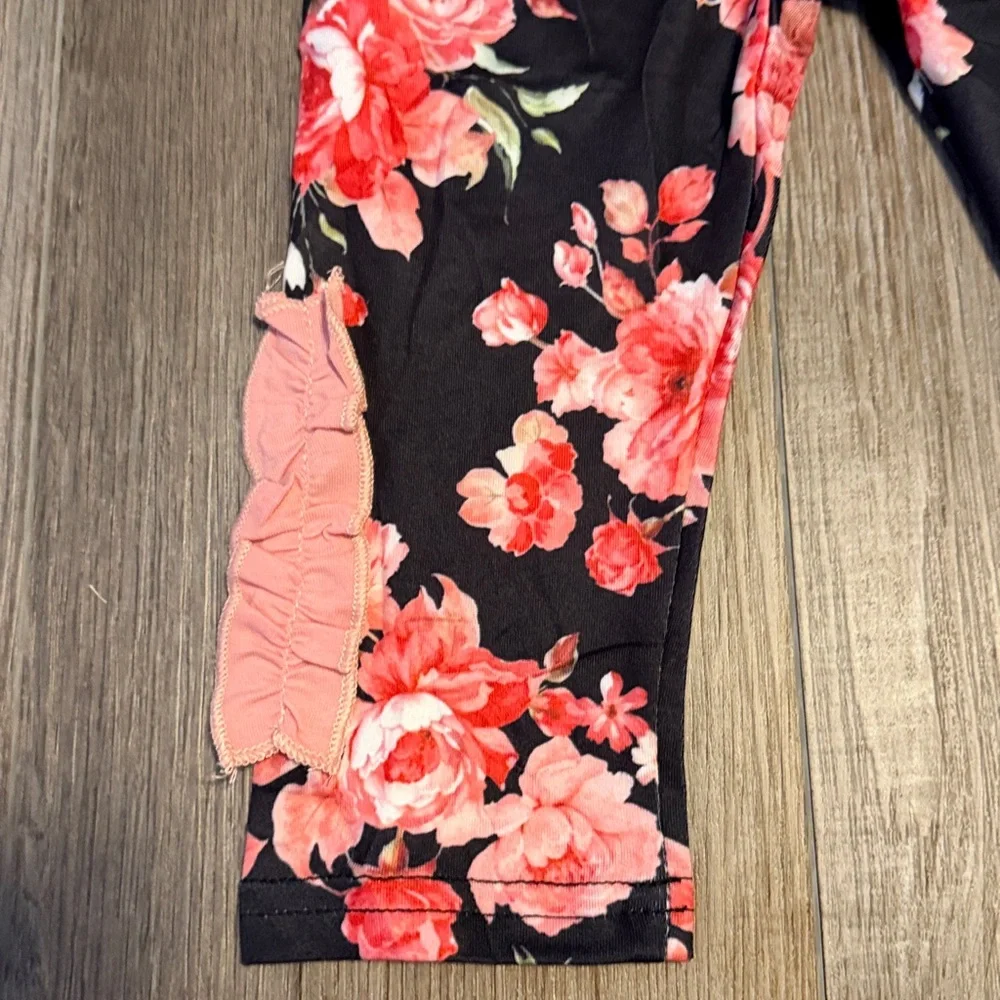 Black Floral Ruffle Detailed Girls Pants